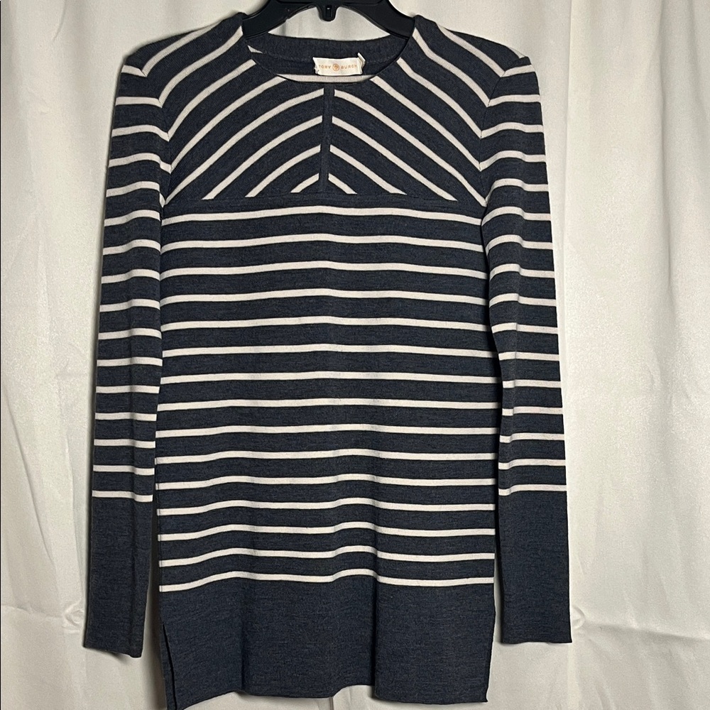 Tory Burch Tunic Sweater Merino Wool Gray Striped Crewneck Long Sleeve XS‎